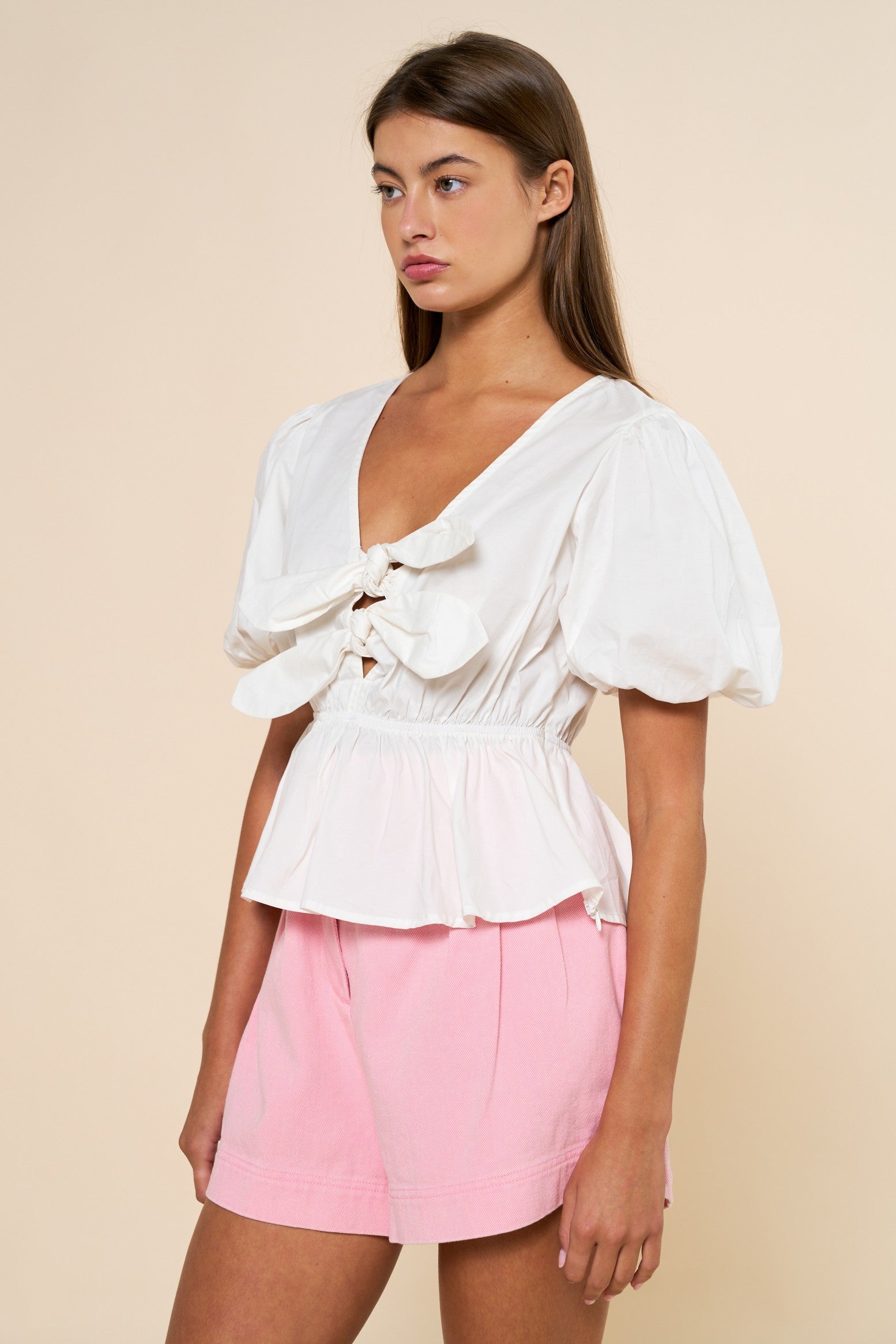 Bow Front Tie Puff Sleeve Peplum Top