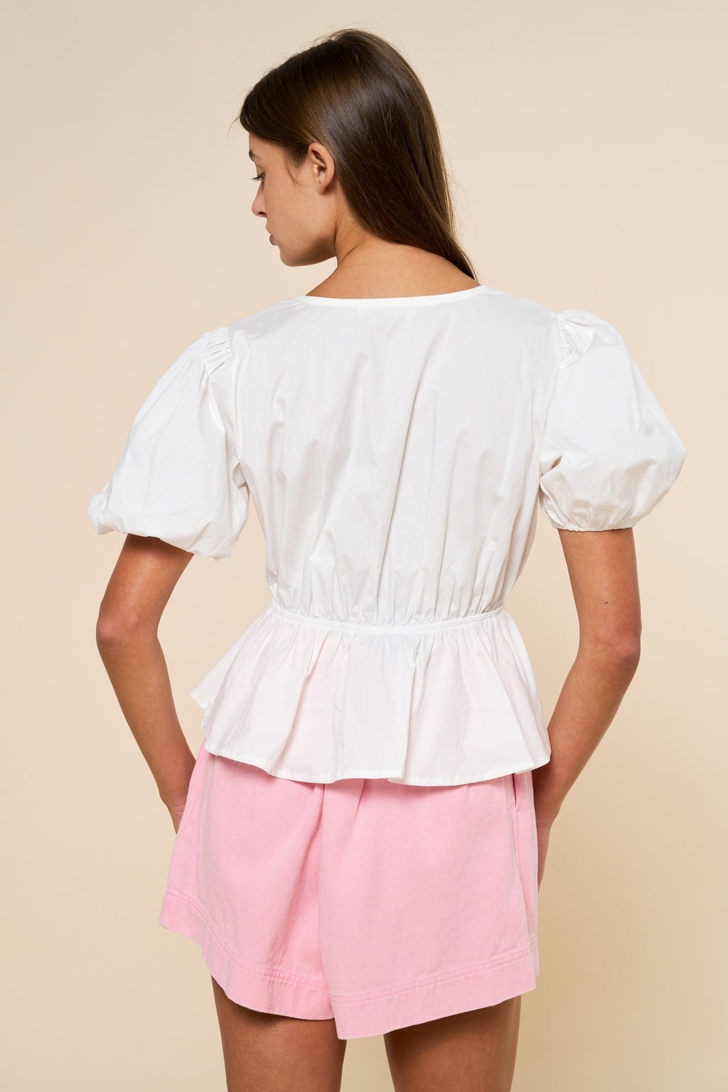 Bow Front Tie Puff Sleeve Peplum Top