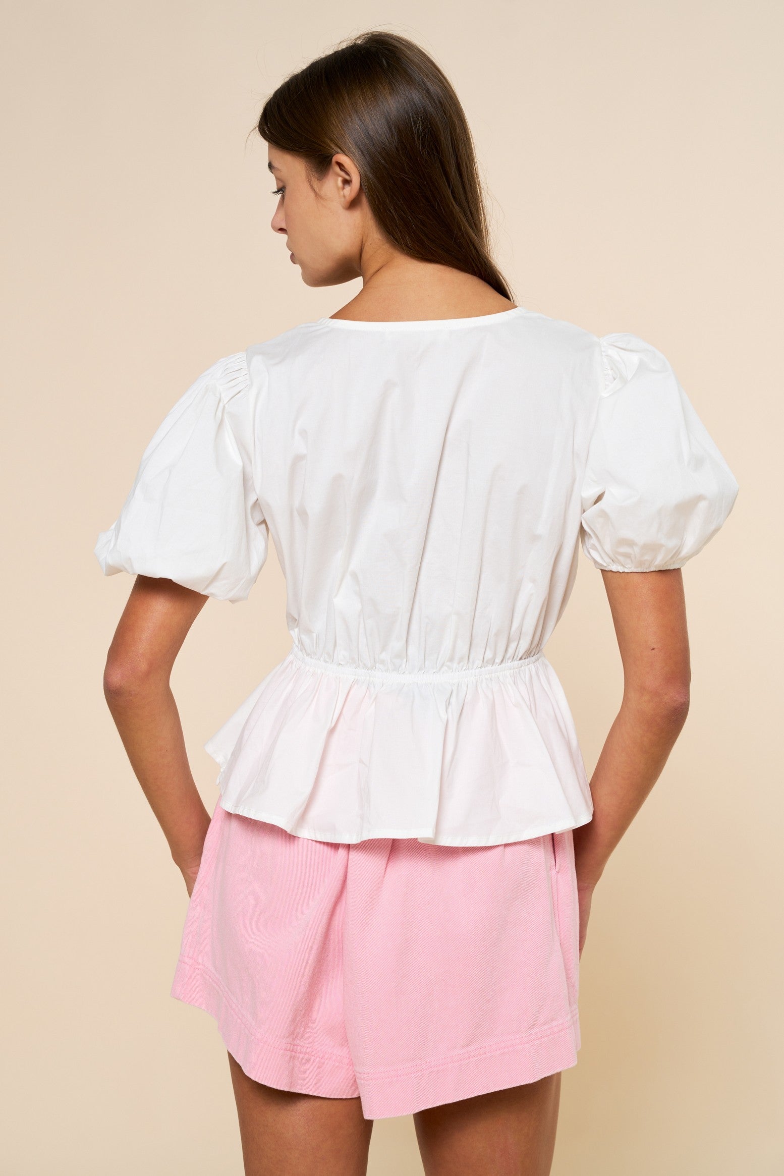 Bow Front Tie Puff Sleeve Peplum Top