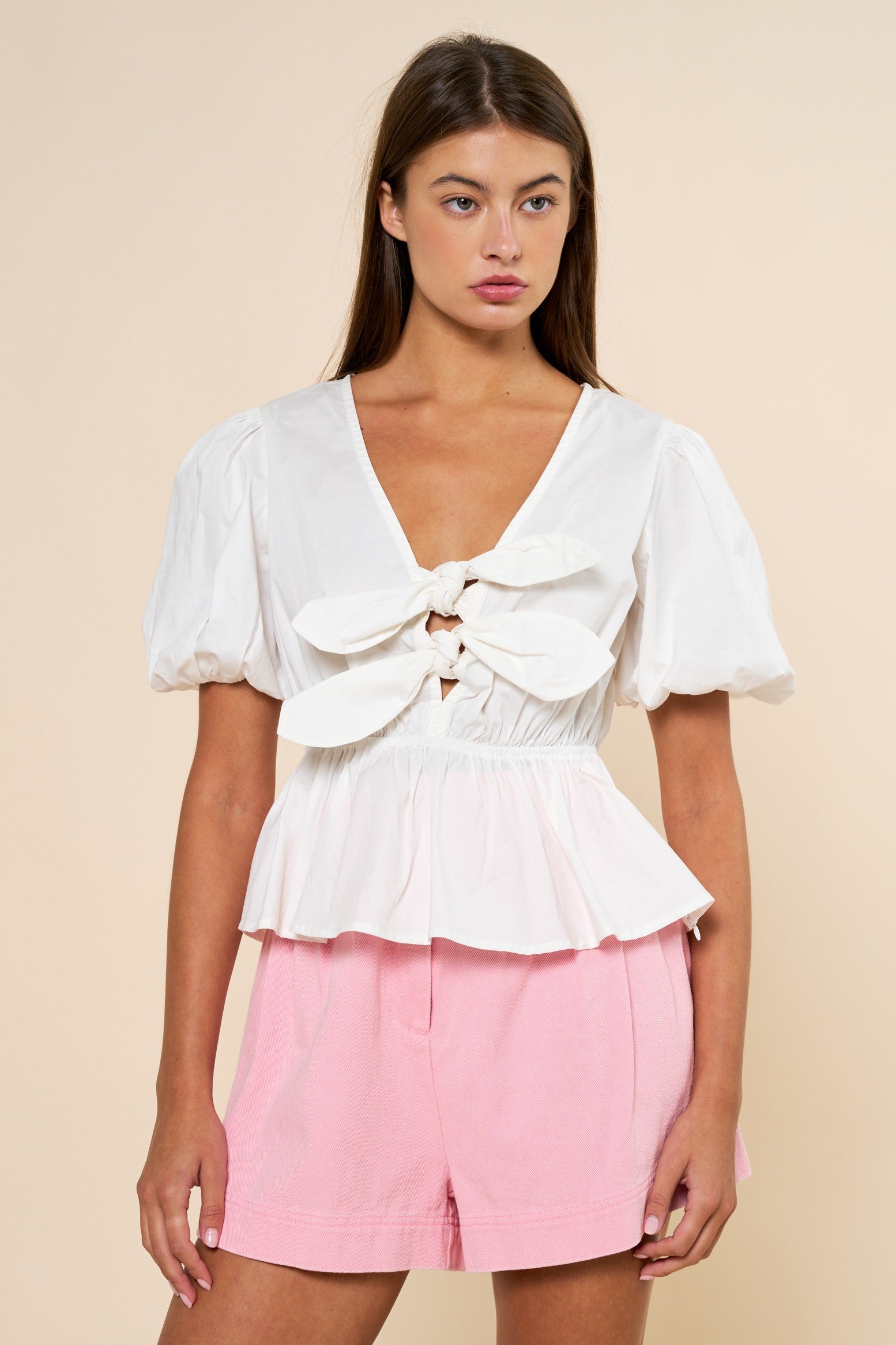 Bow Front Tie Puff Sleeve Peplum Top