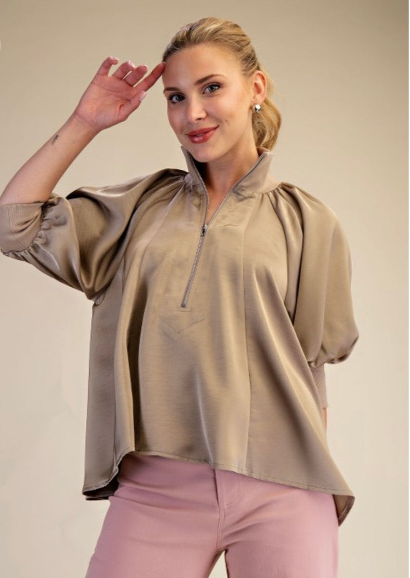 Mock Neck Puff Sleeve Blouse