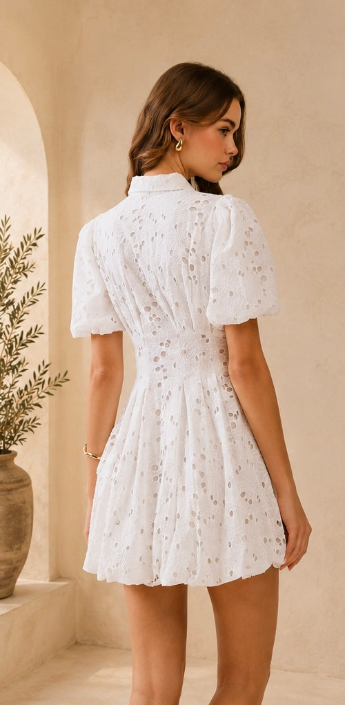 Eyelets Puff Sleeve Dress
