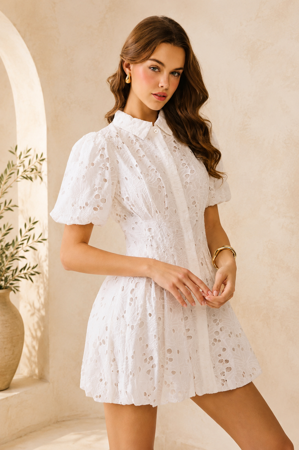 Eyelets Puff Sleeve Dress
